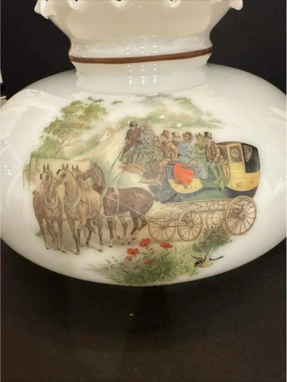 Vintage Milk Glass Lamp Shade With 3x Stagecoach Horse Scenes 9.75” Fitter